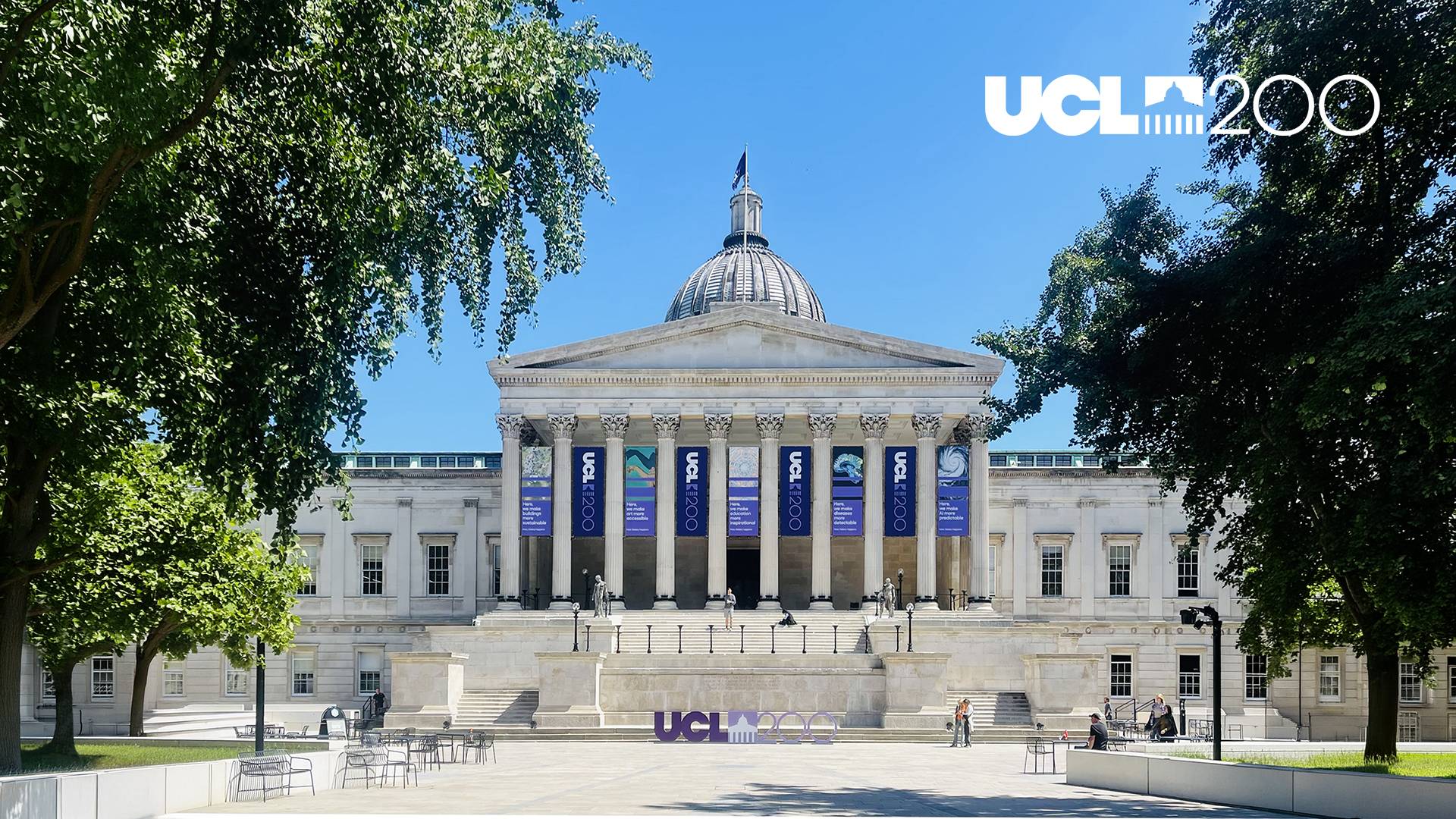 The UCL Portico in Bloomsbury, bearing UCL200 bicentenary branding on the columns.