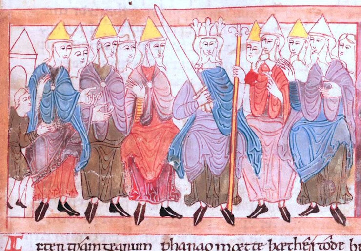 A medieval manuscript illustration depicting a witan council: figures in robes surrounding a crowned king holding a sword and staff.